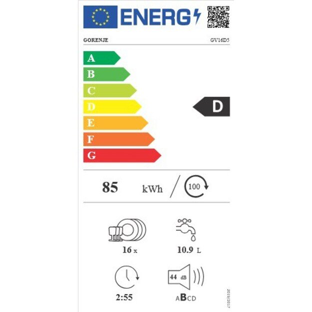 Gorenje Dishwasher | GV16D5 | Built-in | Width 59.8 cm | Number of place settings 16 | Number of programs 6 | Energy efficiency