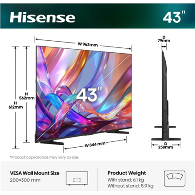 Hisense TV | 43E7S | 43 | Smart TV | VIDAA Smart OS | UHD | Black
