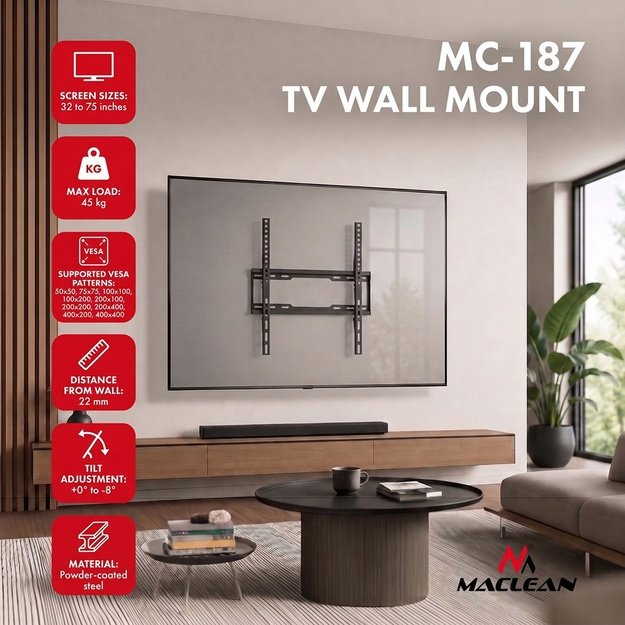 Maclean TV Mount / Bracket, max VESA 400x400, 32-75 , up to 45 kg, black, tilt adjustment 0&deg;&ndash;8&deg;, MC-187
