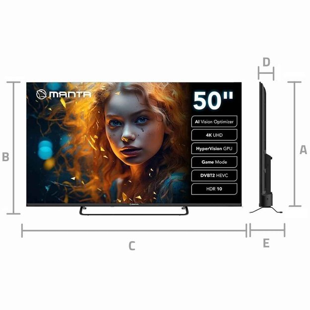 Manta MATV002LUV50 50  Smart VIDAA TV LED 4K UHD with S2 DVBT2 H Set-Top Box.265/HEVC BT HDR Wi-Fi