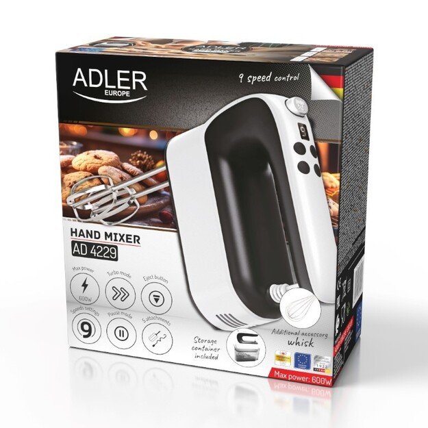Adler Hand Mixer | AD 4229 | Hand Mixer | 600 W | Number of speeds 9 | Turbo mode | Black/White 1