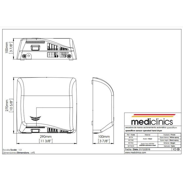 MEDICLINICS M17ACS Speedflow rankų džiovintuvas, Satinas