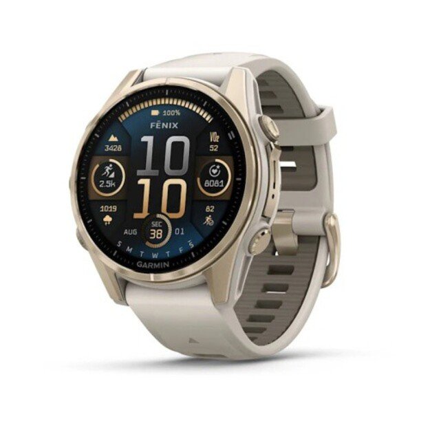 Garmin Fenix 8 I&scaron;manusis laikrodis 43 mm AMOLED Sapphire,Soft Gold,Fog grey/dark sandstone sil. band