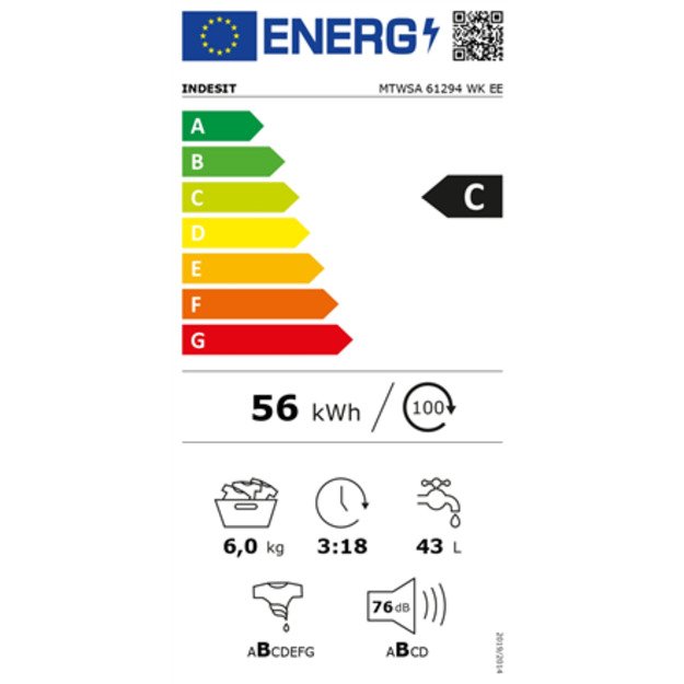 INDESIT | Washing machine | MTWSA 61294 WK EE | Energy efficiency class C | Front loading | Washing capacity 6 kg | 1151 RPM | D