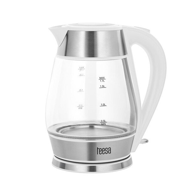 TEESA electric kettle, glass + inox, 2200 W, white, 1.7 L