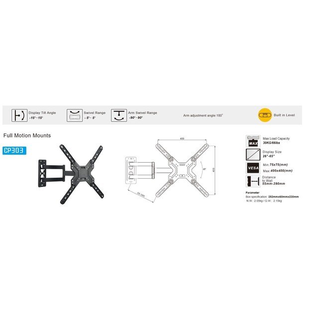 TV Laikiklis/Wall mount 22 65 30kgV180&deg;H15&deg; CP303 2