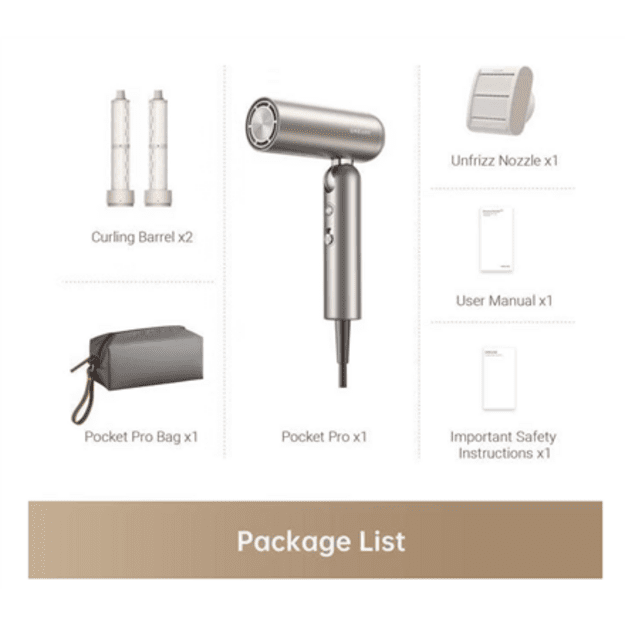 Dreame | Hair dryer | AHD51 Pocket Pro | 1300 W | Number of temperature settings 5 | Ionic function | Titanium Gold