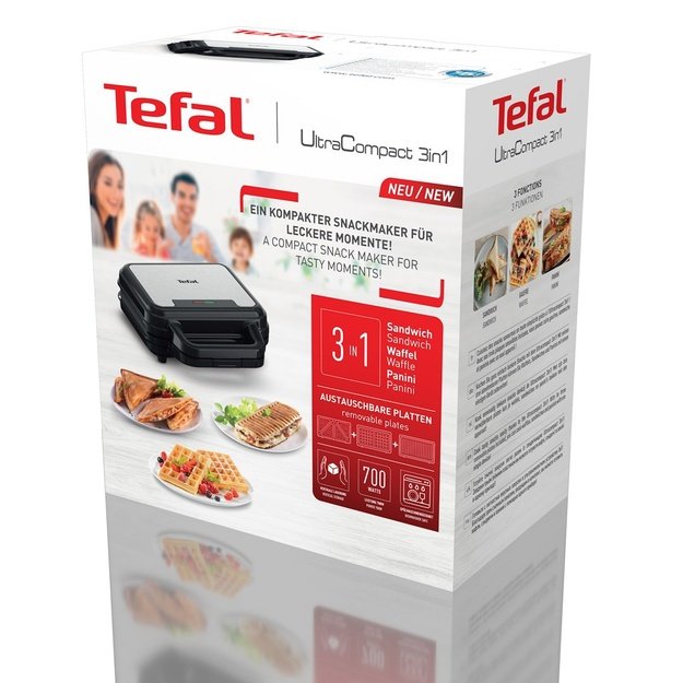 TEFAL | UltraCompact 3in1 SW383D10 | Sandwich Maker | 700 W | Number of plates 3 | Gray/Black