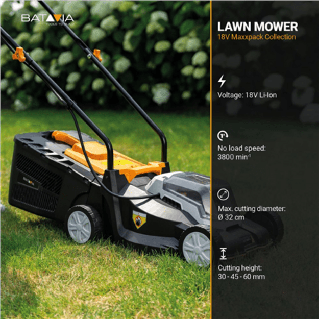 Batavia B.V. 18V Cordless Lawn Mower, 32 cm, Without battery and charger | Mowing Area 200 m&sup2;