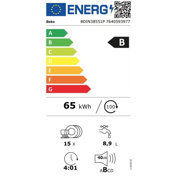 Įmontuojama indaplovė Beko BDIN38551P, 60 cm