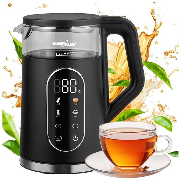 GreenBlue Cordless Electric Kettle, 1.7 L capacity, glass water tank, easy-to-read display, temperature selection, 2200 W,