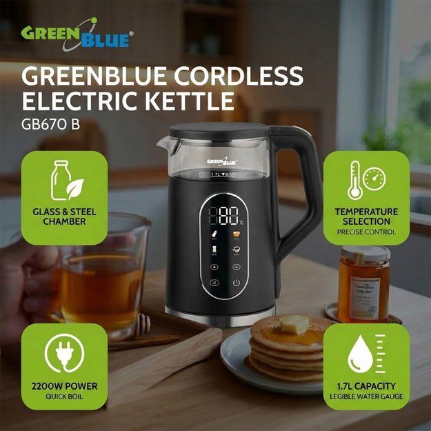 GreenBlue Cordless Electric Kettle, 1.7 L capacity, glass water tank, easy-to-read display, temperature selection, 2200 W,