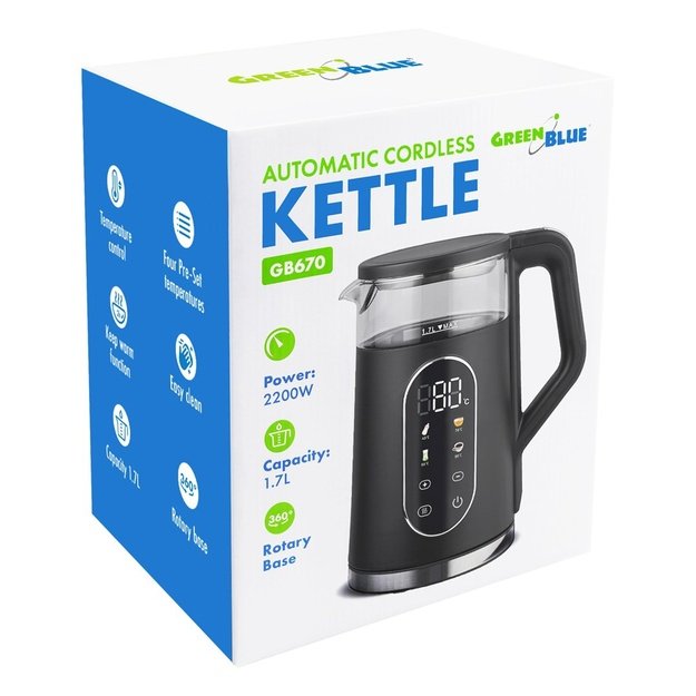 GreenBlue Cordless Electric Kettle, 1.7 L capacity, glass water tank, easy-to-read display, temperature selection, 2200 W,