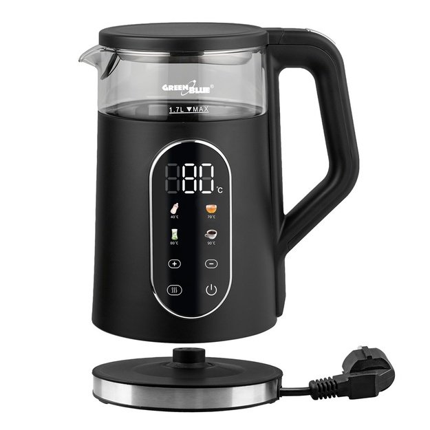 GreenBlue Cordless Electric Kettle, 1.7 L capacity, glass water tank, easy-to-read display, temperature selection, 2200 W,