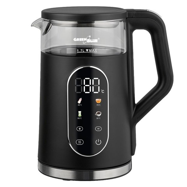 GreenBlue Cordless Electric Kettle, 1.7 L capacity, glass water tank, easy-to-read display, temperature selection, 2200 W,
