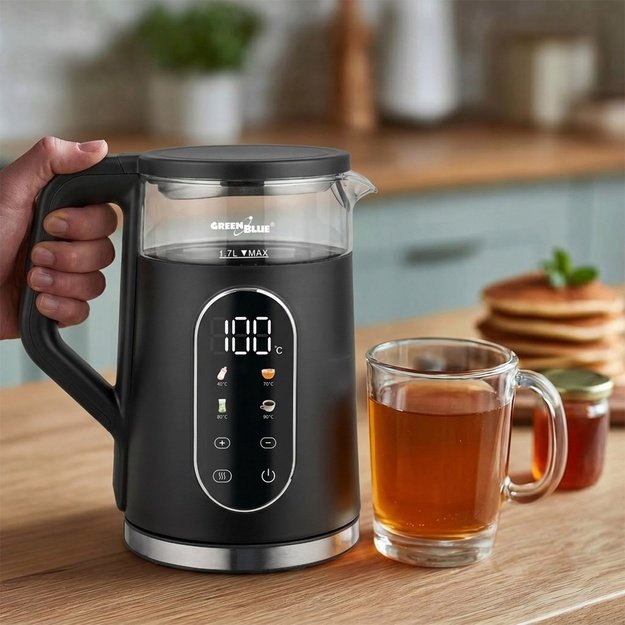 GreenBlue Cordless Electric Kettle, 1.7 L capacity, glass water tank, easy-to-read display, temperature selection, 2200 W,