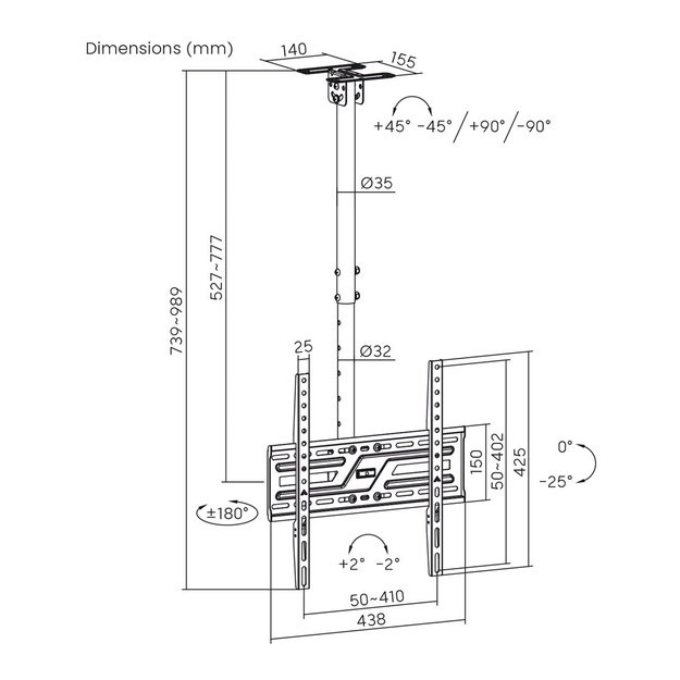 Maclean Ceiling Mount for TV, max. load 50 kg, 37&ndash;75 , max. VESA 400x400, MC-175