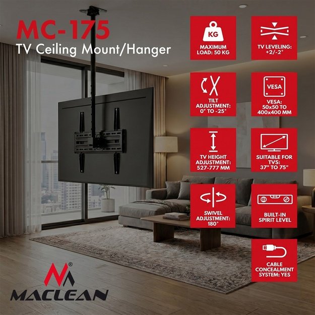 Maclean Ceiling Mount for TV, max. load 50 kg, 37&ndash;75 , max. VESA 400x400, MC-175
