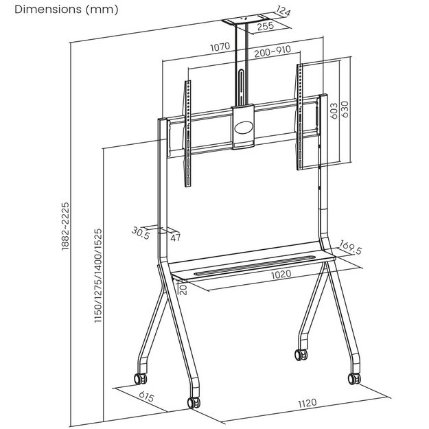 Maclean TV stand / cart, camera shelf, on casters, 55-100 , max load 120kg/10kg shelf, max. VESA 900x600, white, MC-114 W