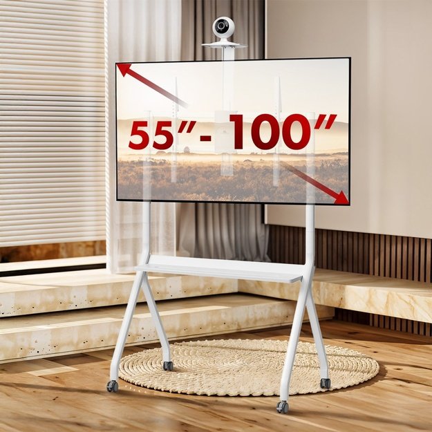 Maclean TV stand / cart, camera shelf, on casters, 55-100 , max load 120kg/10kg shelf, max. VESA 900x600, white, MC-114 W
