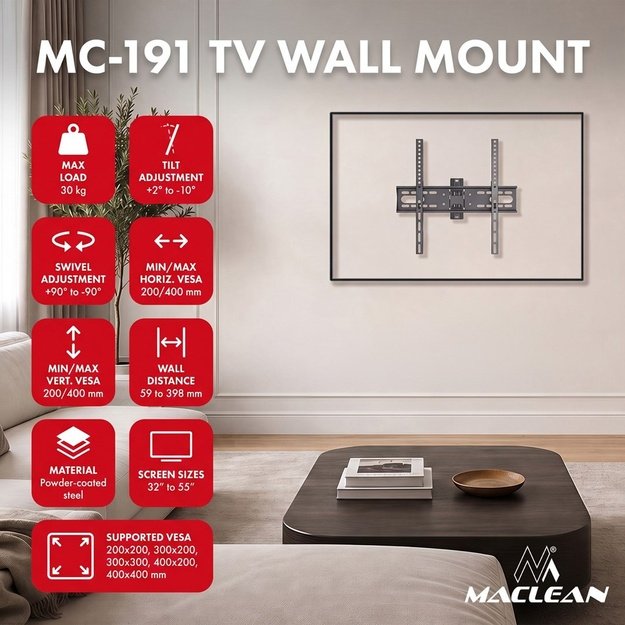 Maclean TV Mount / Bracket, max VESA 400x400, 32-55 , up to 30 kg, black, tilt adjustment +2&deg;&ndash;-10&deg; and swivel adjustment