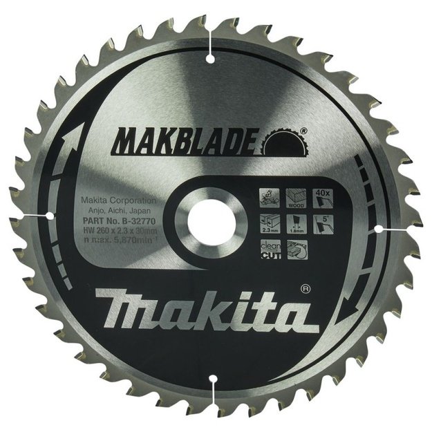 Pjovimo diskas medžiui MAKITA Makblade 260x2,3x30mm 40T 5&deg;
