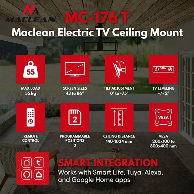 Maclean Electric TV Mount, Ceiling-Mounted, Tuya Compatible, Max. VESA 800x400, for 43-86  TVs, Max. 55 kg, MC-176 T