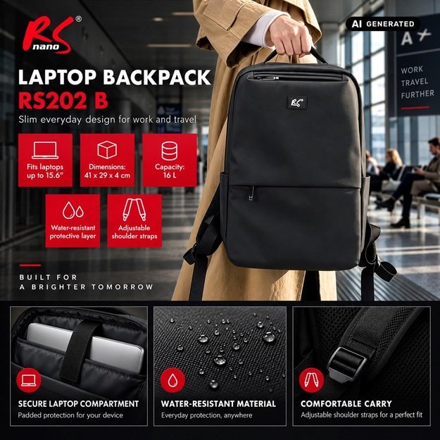 NanoRS Laptop Backpack, 15.6 , Black, 41x29x4, Waterproof RS202 B