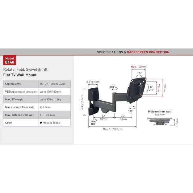 BARKAN E140.B 13 -29  TV, 4 lankstų, sieninis, juodas 2