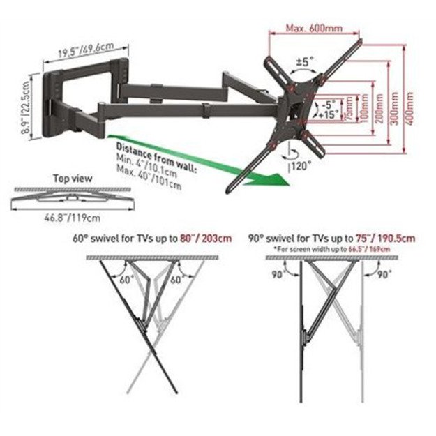 BARKAN BM464XL 13-80  lygiam/lenktam TV, 4 lankstų, sieninis, juodas, labai ilgas 1