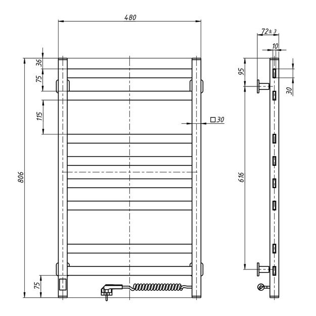 Elektrinis rankšluosčių džiovintuvas Navin Avangard Sensor 480x800, chromo, su laikmačiu, 10-028153-4880, (laidas kairėje)