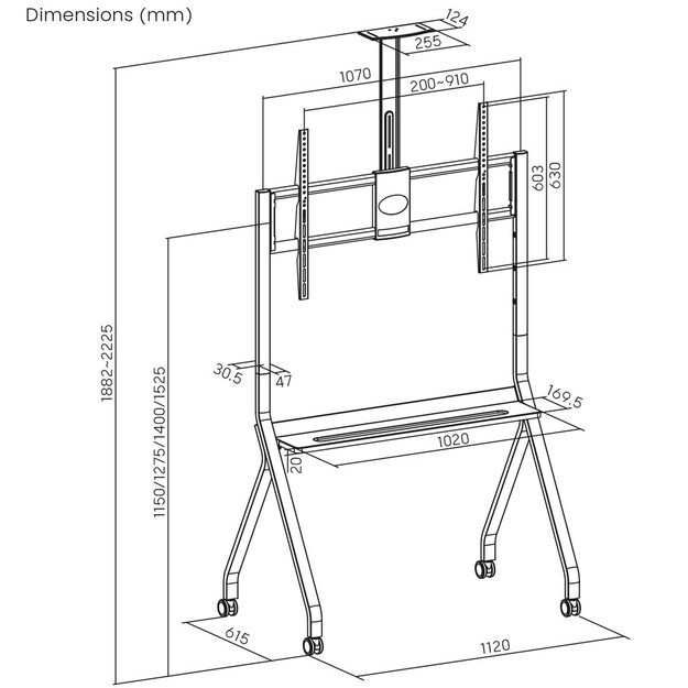 Maclean TV stand / cart, camera shelf, on casters, 55-100 , max load 120kg/10kg shelf, max. VESA 900x600, black, MC-114 B