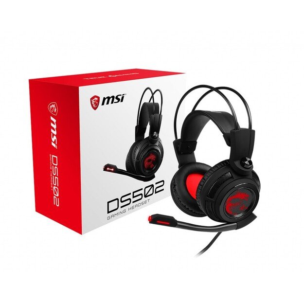 MSI DS502 7.1 Virtual Surround Sound Gaming Headset  Black with Ambient Dragon Logo, Wired USB connector, 40mm Drivers, inline
