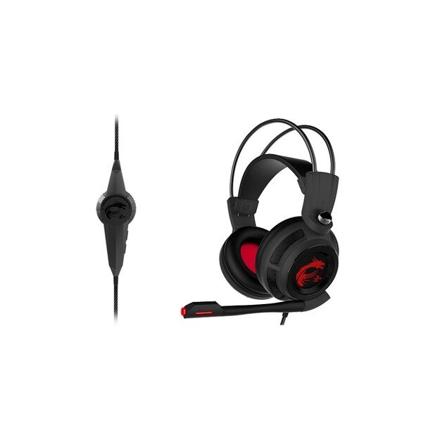 MSI DS502 7.1 Virtual Surround Sound Gaming Headset  Black with Ambient Dragon Logo, Wired USB connector, 40mm Drivers, inline