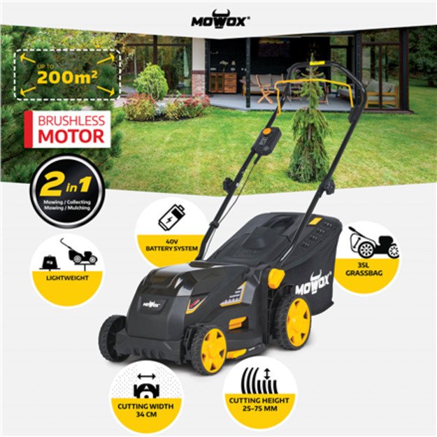 MoWox | 40V Comfort Series Cordless Lawnmower | EM 3440 PX-Li | Mowing Area 200 m² | 2500 mAh | Battery and Charger included