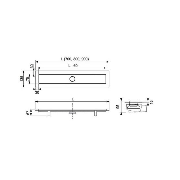 Dušo latako komplektas 2 in1 su dvipusėmis grotelėmis steel/plate 900mm Tece Linus 15103090