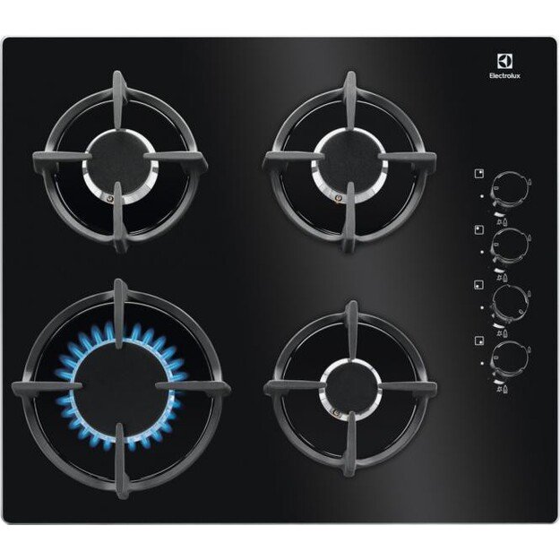ELECTROLUX KGG6407K Gas Hob - 4 Burners - L 59 x D 51 cm - 7800 W - Glass Coated - Black | Sourcing