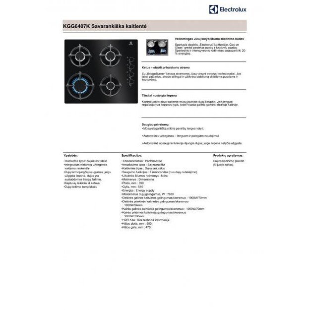 ELECTROLUX KGG6407K Gas Hob - 4 Burners - L 59 x D 51 cm - 7800 W - Glass Coated - Black | Sourcing 1