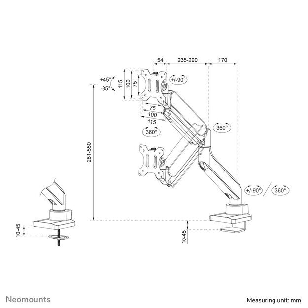 Neomounts DS70-450BL1 Monitor arm 17-42  - gas spring - Topfix - 180&deg;-stop