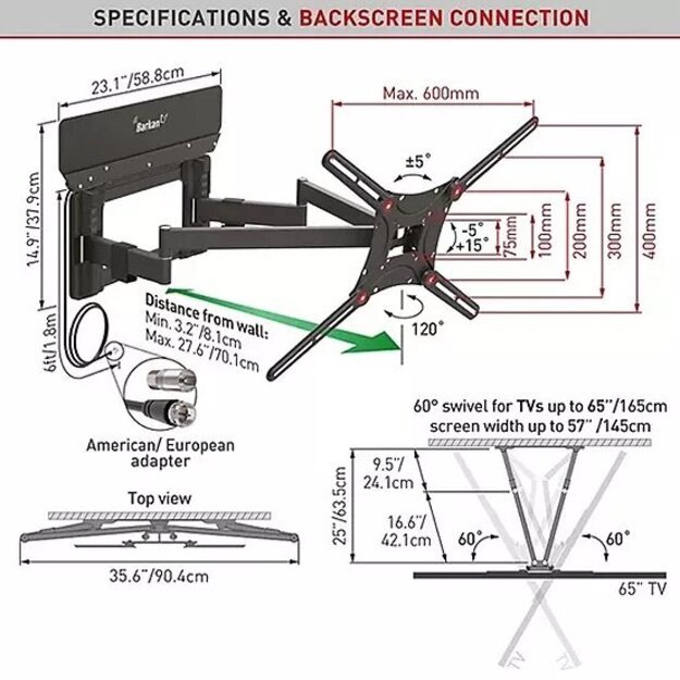 BARKAN VTM464L  13 -90  TV, 4 lankstų, su antena, sieninis, juodas, labai ilgas