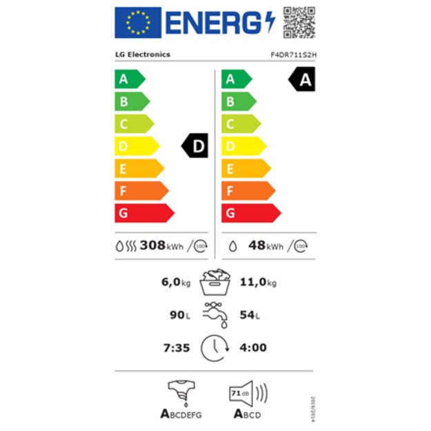 LG | Washing Machine with Dryer | F4DR711S2H | Energy efficiency class A-10% | Front loading | Washing capacity 11 kg | 1400 RPM