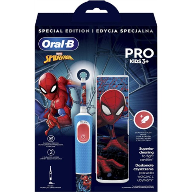 Oral-B | Electric Toothbrush with Travel Case | Vitality PRO Kids Spiderman | Rechargeable | For children | Number of brush head