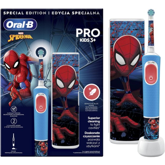 Oral-B | Electric Toothbrush with Travel Case | Vitality PRO Kids Spiderman | Rechargeable | For children | Number of brush head