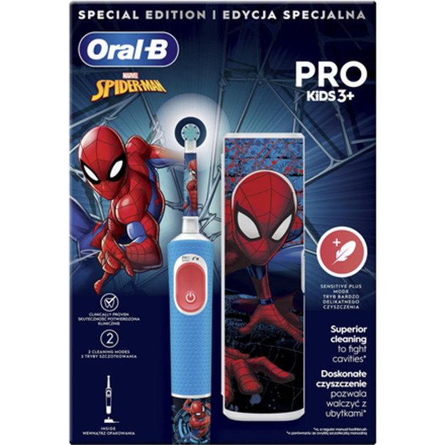 Oral-B | Electric Toothbrush with Travel Case | Vitality PRO Kids Spiderman | Rechargeable | For children | Number of brush head