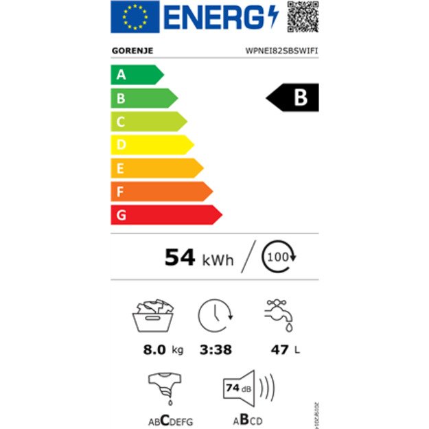 Gorenje Washing Machine | WPNEI82SBSWIFI | Energy efficiency class B | Front loading | Washing capacity 8 kg | 1200 RPM | Depth