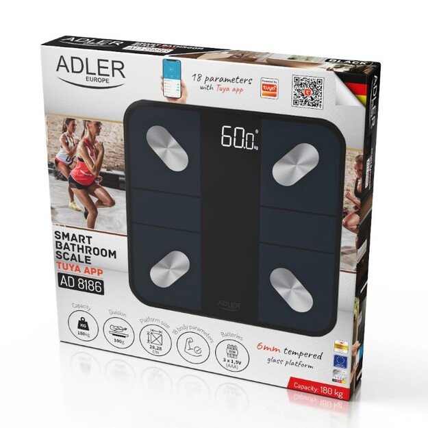 Adler Smart Bathroom Scale | AD 8186b | Maximum weight (capacity) 180 kg | Accuracy 100 g | Body Mass Index (BMI) measuring | Bl 2