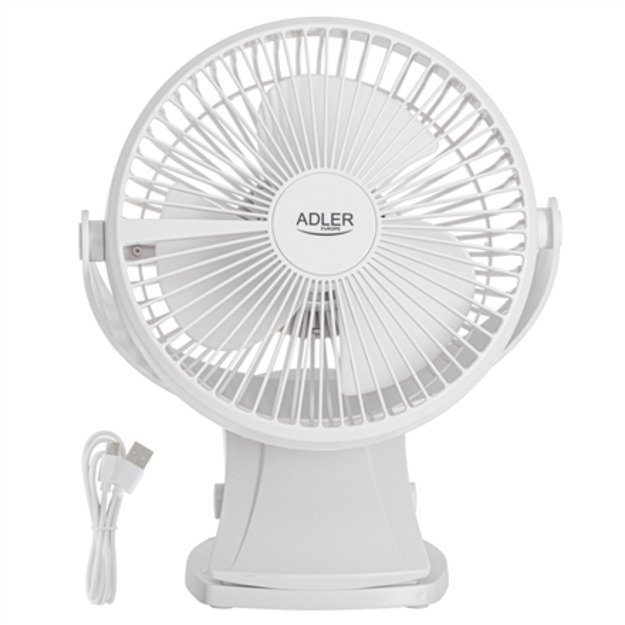 Adler Rechargeable Clip-on Desk Fan | AD 7342 | Table Fan | White | Diameter 15.5 cm | Number of speeds 3 | Oscillation | 5 W