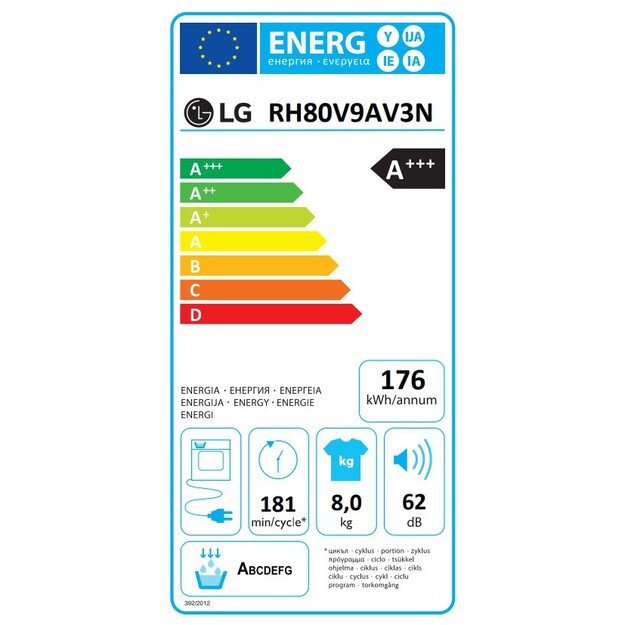LG Dryer Machine | RH80V9AV3N | Energy efficiency class C | Front loading | 8 kg | LED | Depth 69 cm | Wi-Fi | White