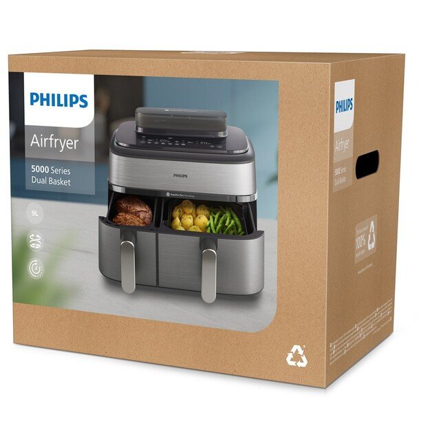 Philips Dual Basket Airfryer | NA555/00 5000 series | Power 2750 W | Capacity 9 L | RapidAir Plus | Silver