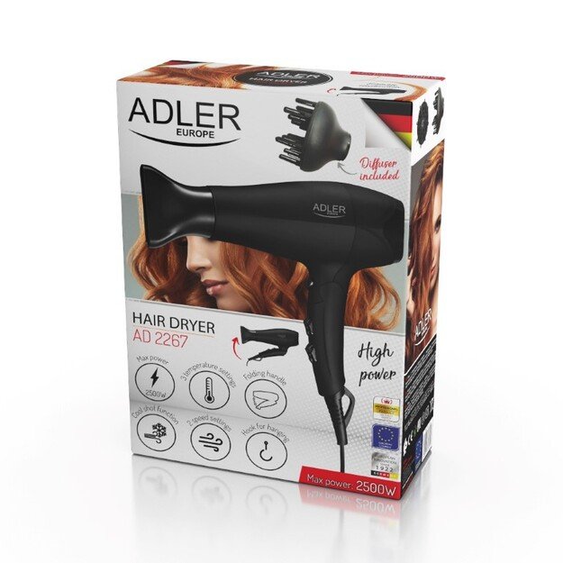 Adler | Hair dryer | AD 2267 | 2100 W | Number of temperature settings 3 | Diffuser nozzle | Black 1